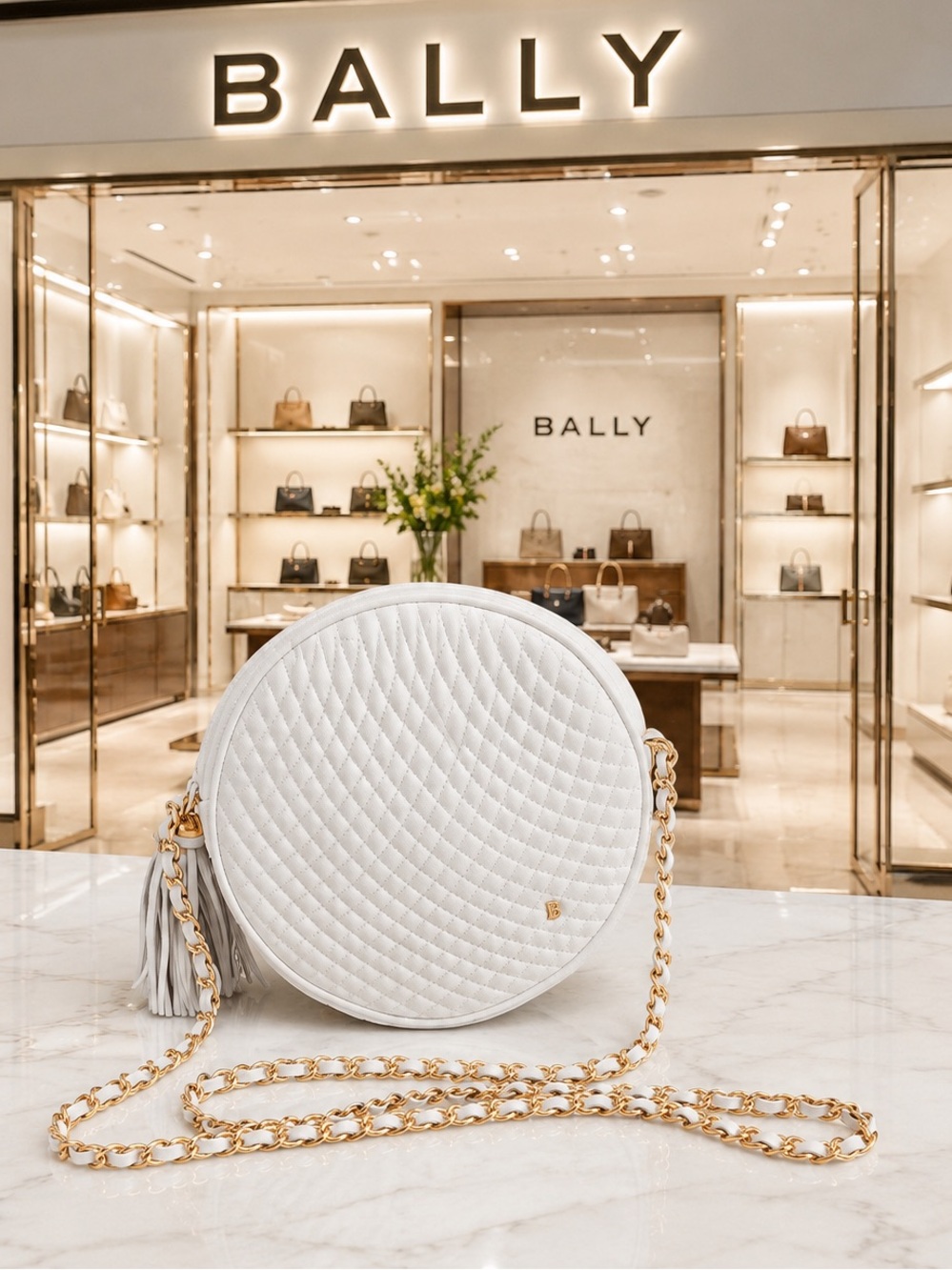 Bally White Quilted Round Crossbody Bag with Gold Chain